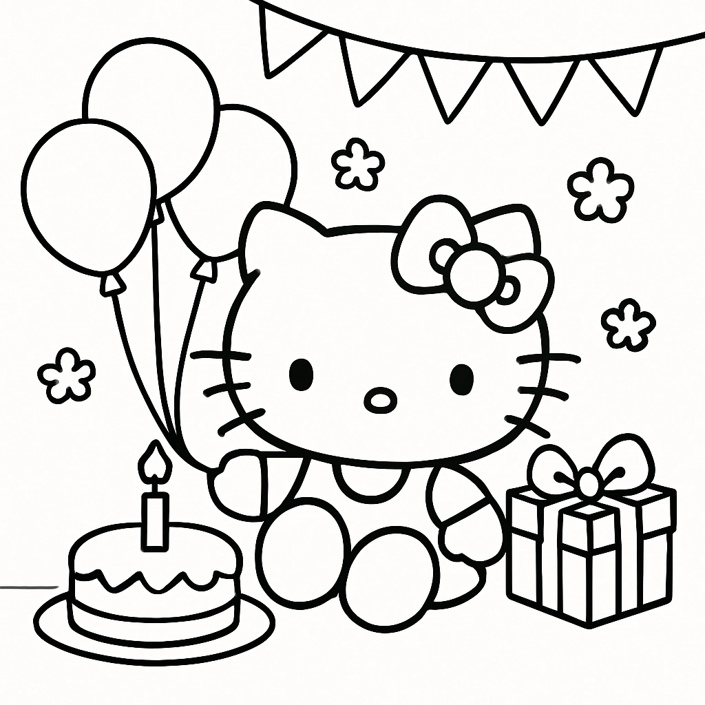 Hello Kitty celebrating a birthday party with balloons